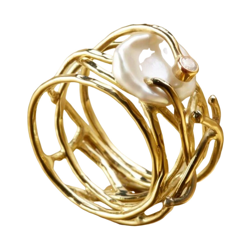 Hollow White Irregular Pearl Ring - Image 2