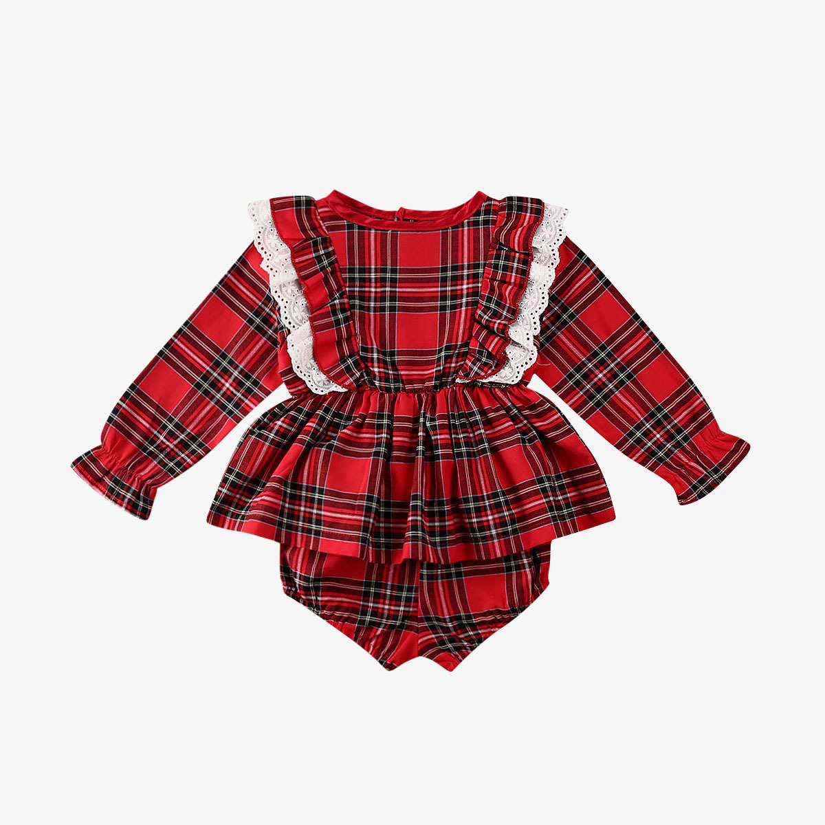 Cute Bow Girl Baby Lace Trim Red Plaid Small Suit - Image 6