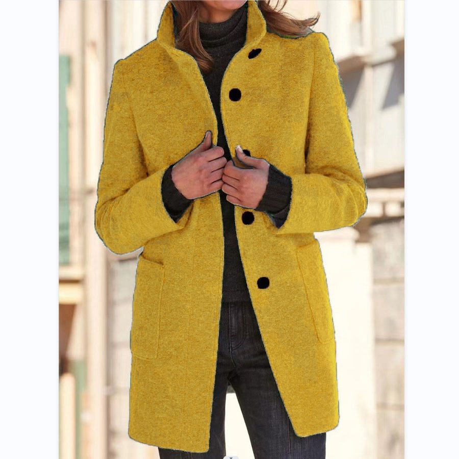 Fashion Stand Collar Woolen Coat With Pockets Fall Winter Casual Button Outwear For Women Clothing - Image 6
