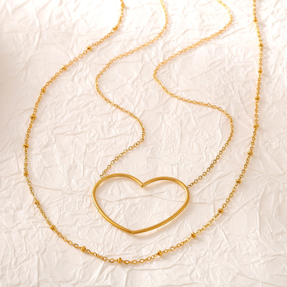 European And American Hollow Love Twin Clavicle Chain Stainless Steel Plated 18K Gold Necklace - Image 4