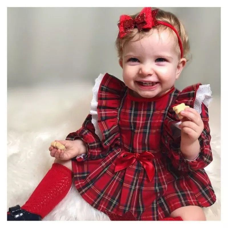 Cute Bow Girl Baby Lace Trim Red Plaid Small Suit - Image 3