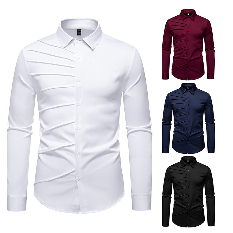 Men's Pleated Design Casual Long-sleeved Shirt - Image 9