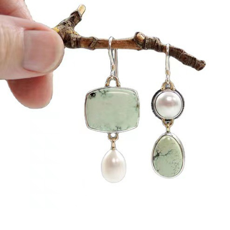 Asymmetric Pearl Handmade Geometric Light Green Enamel Eardrops - Image 4