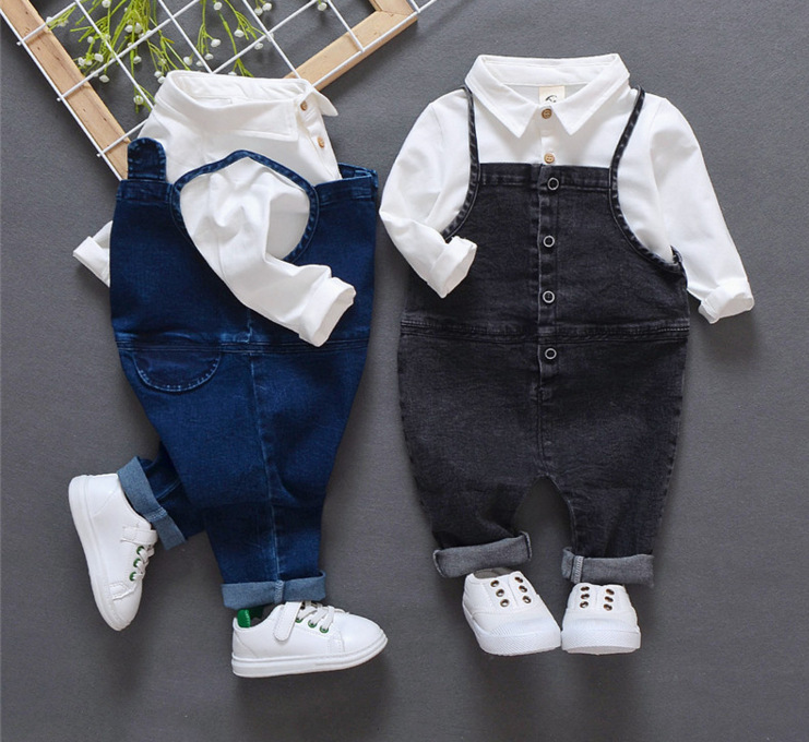 Baby autumn set 1 a 3 year old baby boom fall clothes Denim Bib two piece set of infants and young children. - Image 4