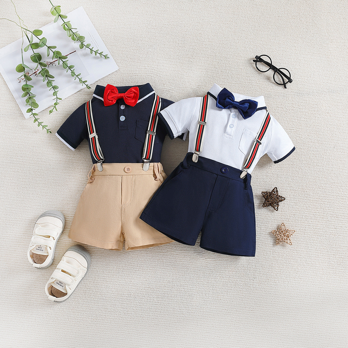 Children's Summer Clothing Polo Collar Top Suspender Shorts - Image 3