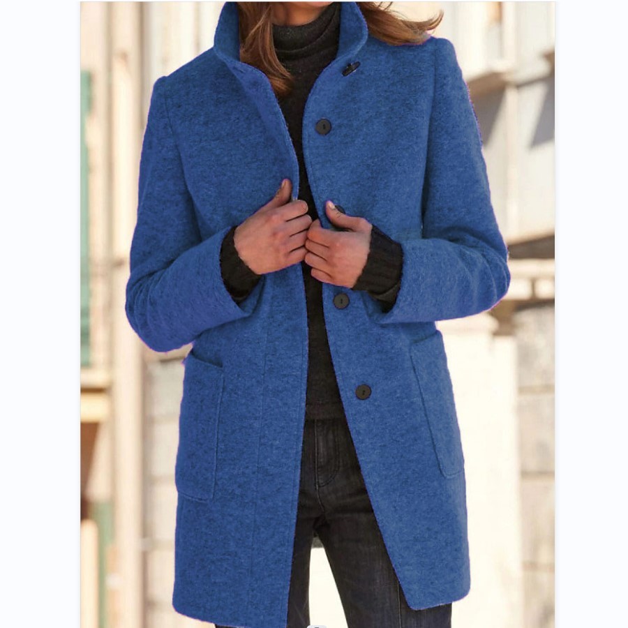 Fashion Stand Collar Woolen Coat With Pockets Fall Winter Casual Button Outwear For Women Clothing - Image 4