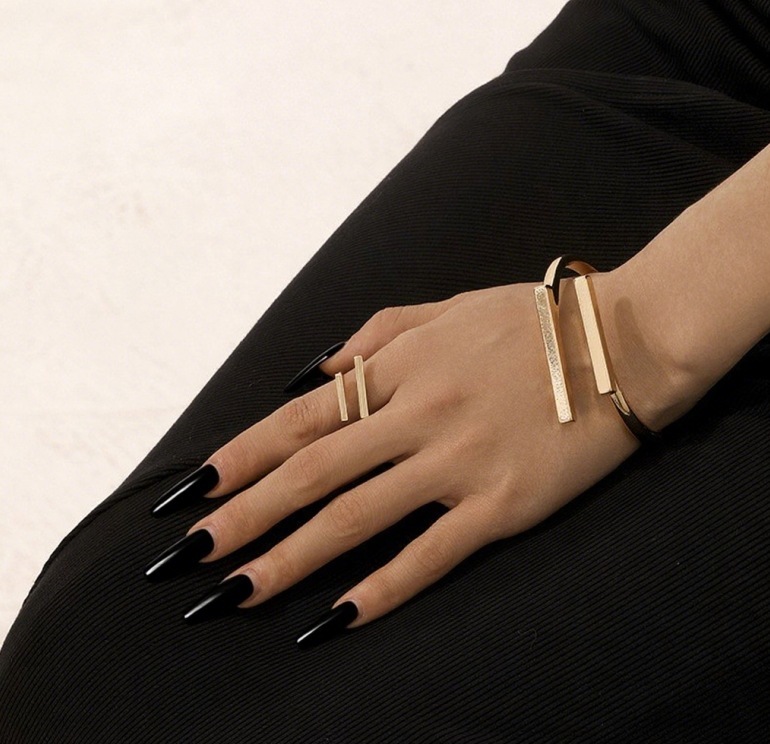 Metal Geometry Square Opening Adjustable Women's Bracelet Ring Jewelry Suit - Image 3