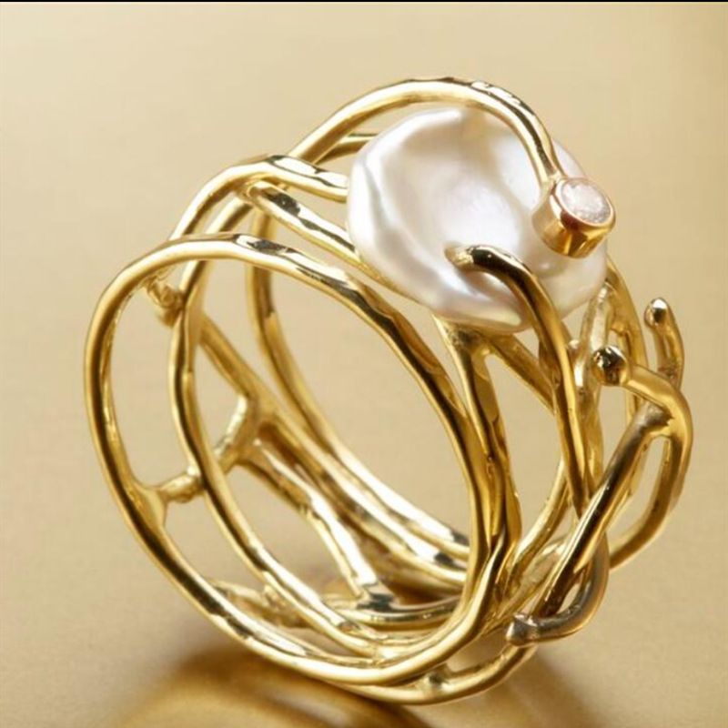 Hollow White Irregular Pearl Ring - Image 3