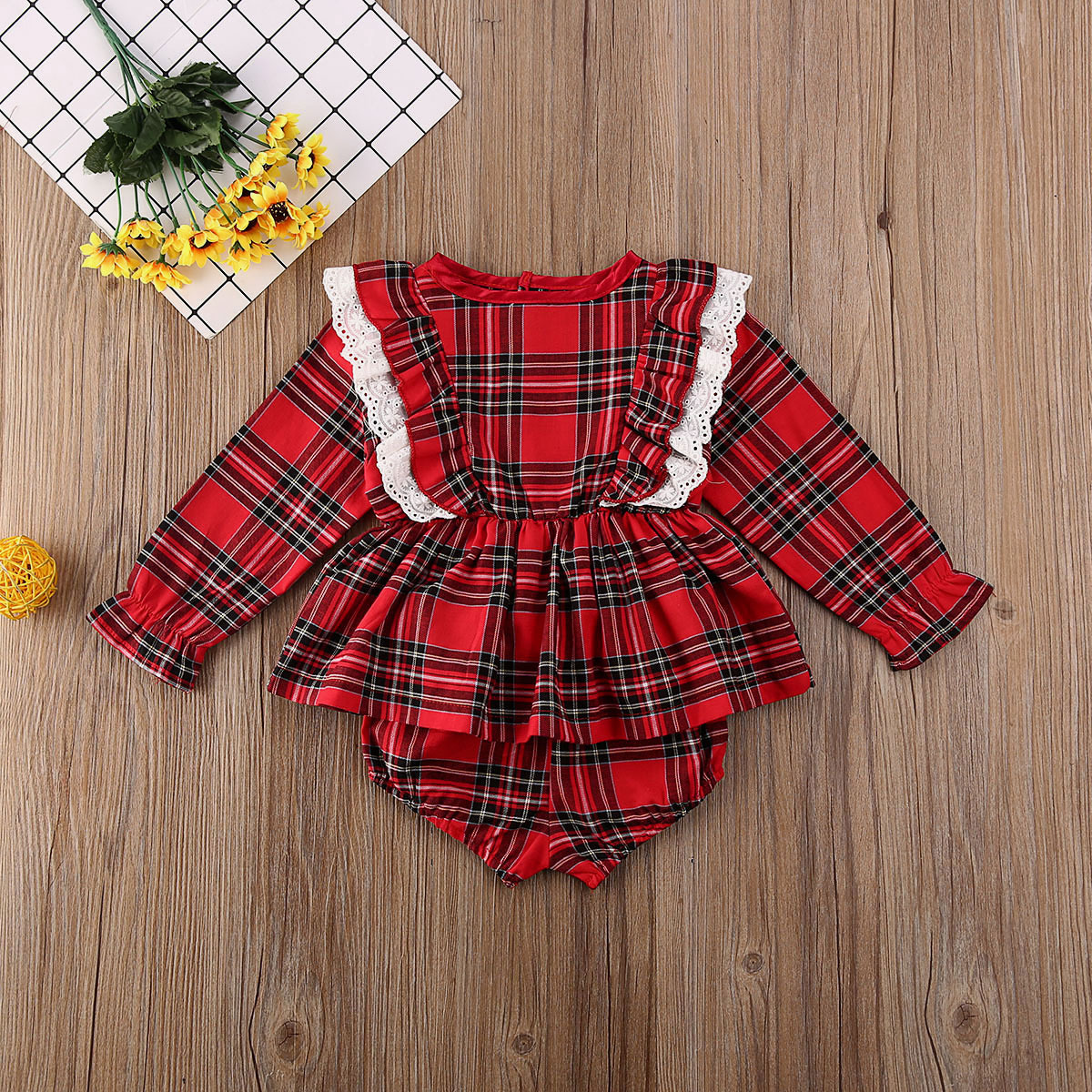 Cute Bow Girl Baby Lace Trim Red Plaid Small Suit - Image 4
