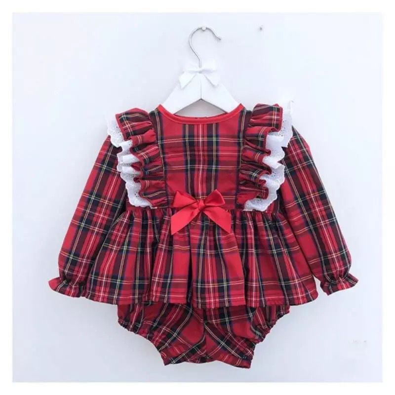 Cute Bow Girl Baby Lace Trim Red Plaid Small Suit - Image 5