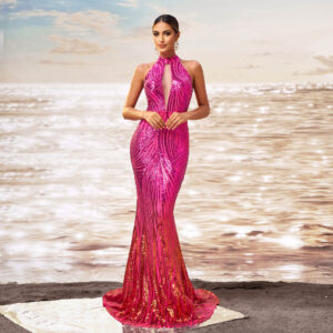 Round Neck Off-the-shoulder Slim-fit Sheath Sequined Banquet Fishtail Evening Dress