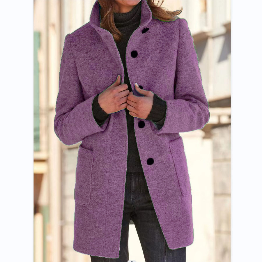 Fashion Stand Collar Woolen Coat With Pockets Fall Winter Casual Button Outwear For Women Clothing - Image 5