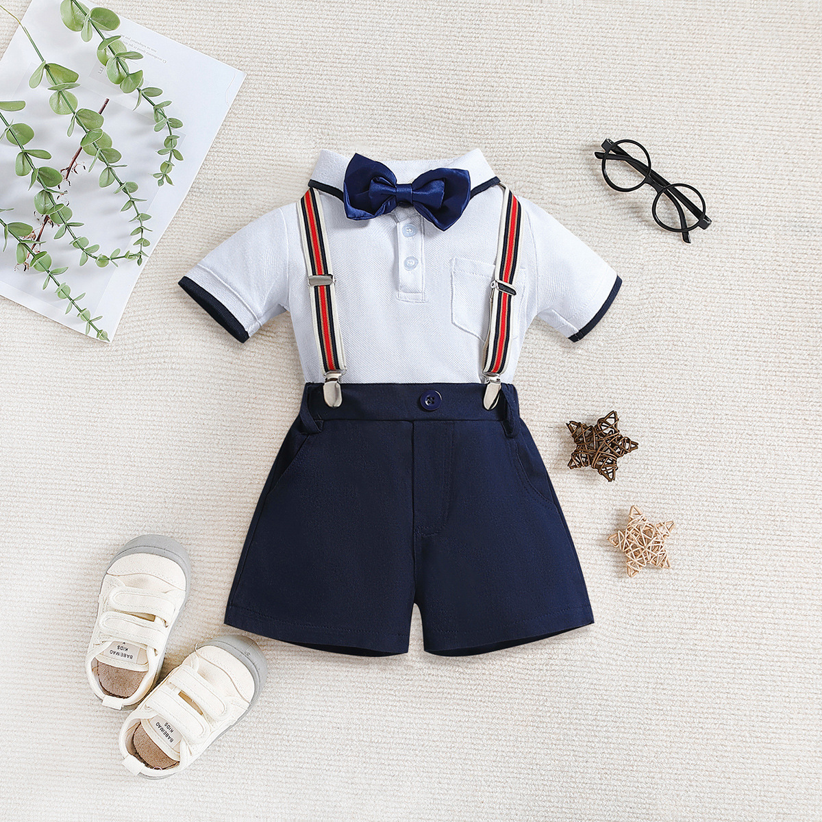 Children's Summer Clothing Polo Collar Top Suspender Shorts - Image 7