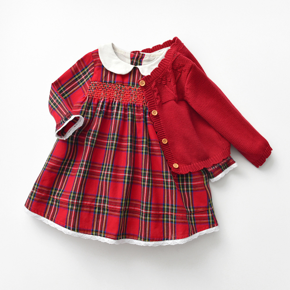 Girls' Dress Red Checked Dress Autumn - Image 3