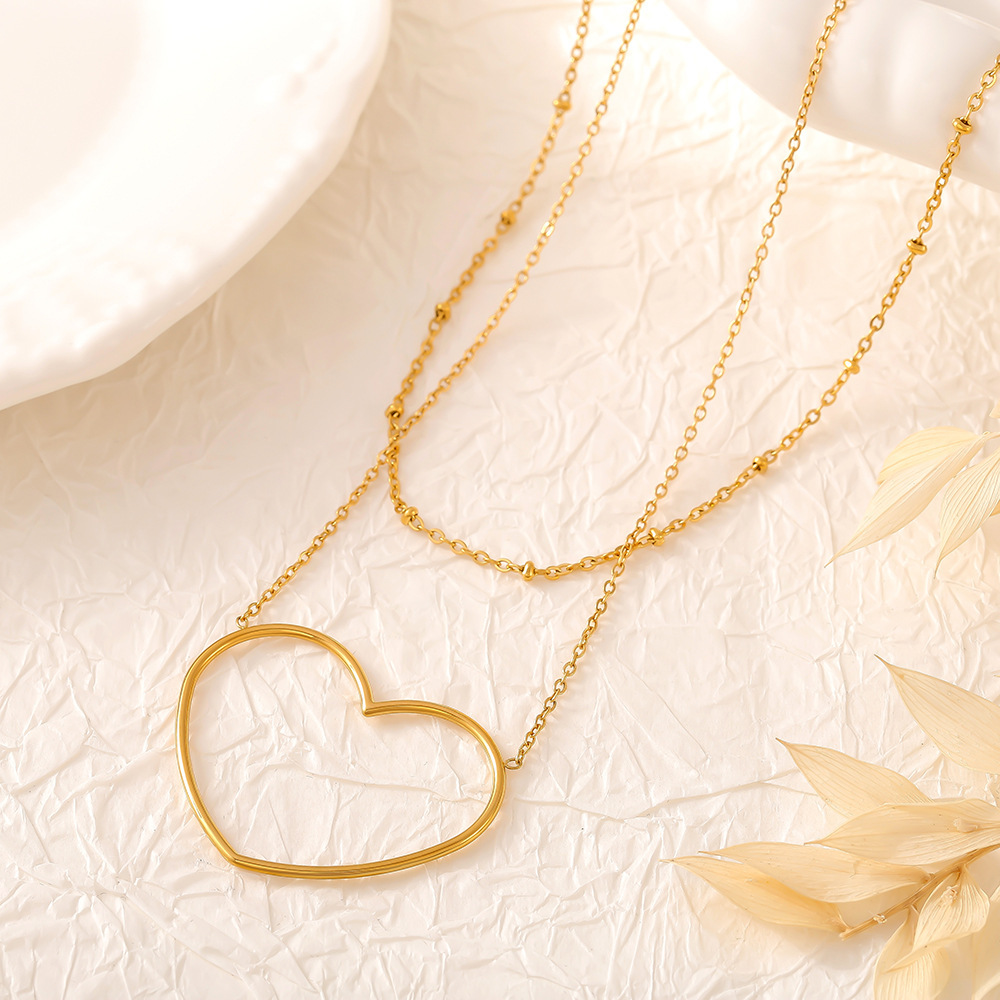 European And American Hollow Love Twin Clavicle Chain Stainless Steel Plated 18K Gold Necklace - Image 3