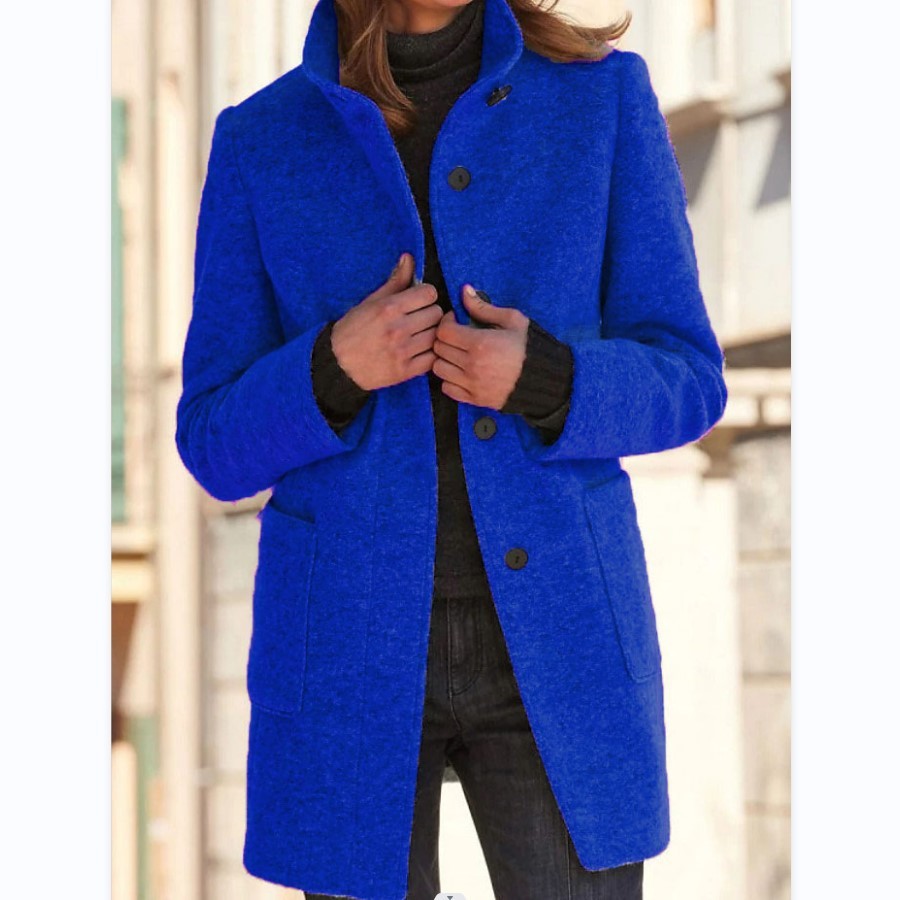 Fashion Stand Collar Woolen Coat With Pockets Fall Winter Casual Button Outwear For Women Clothing - Image 7