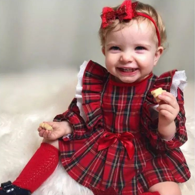 Cute Bow Girl Baby Lace Trim Red Plaid Small Suit