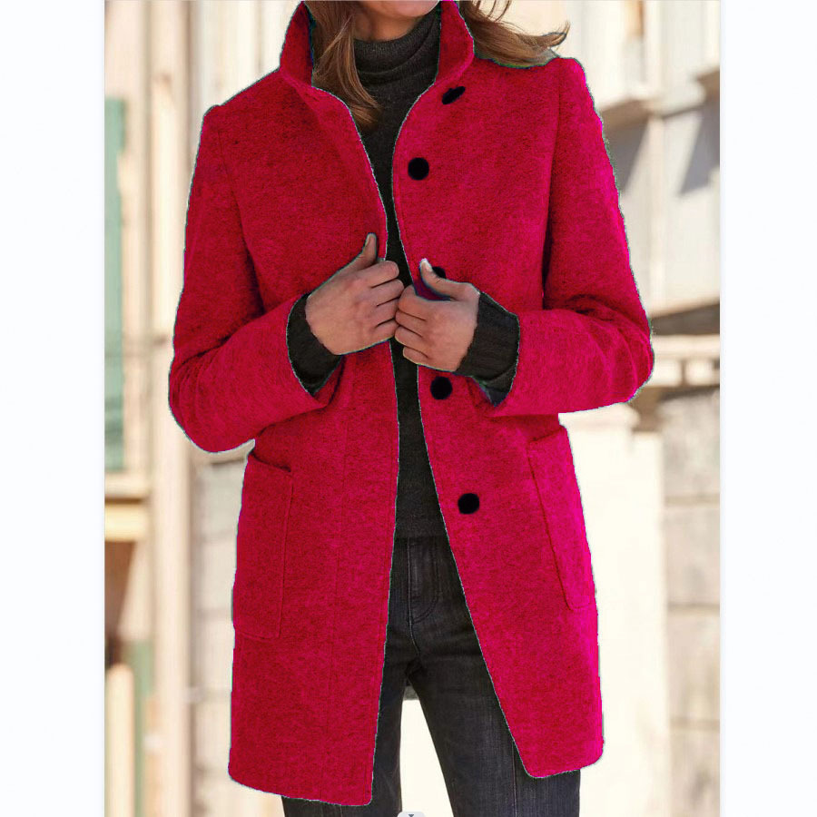 Fashion Stand Collar Woolen Coat With Pockets Fall Winter Casual Button Outwear For Women Clothing - Image 10