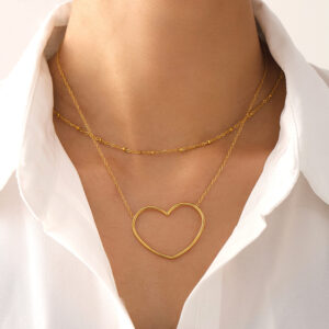 European And American Hollow Love Twin Clavicle Chain Stainless Steel Plated 18K Gold Necklace