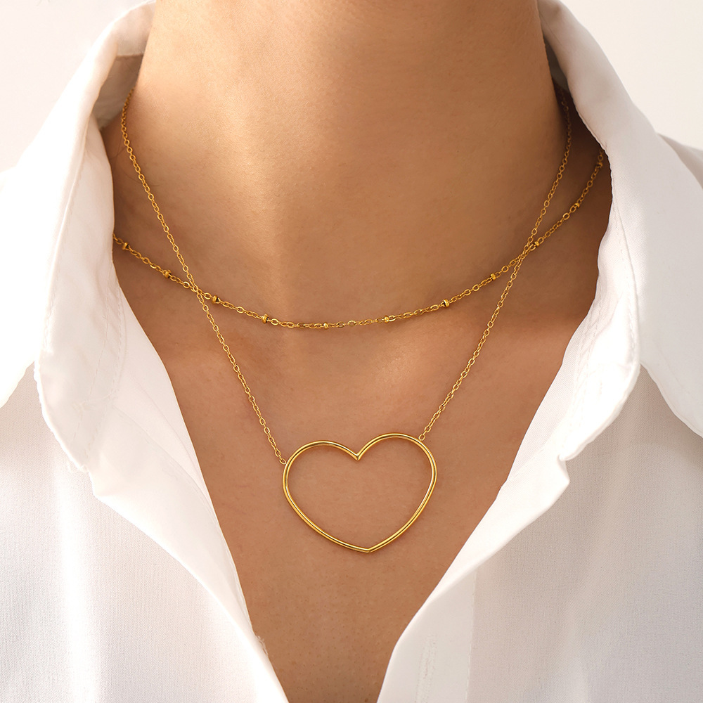 European And American Hollow Love Twin Clavicle Chain Stainless Steel Plated 18K Gold Necklace