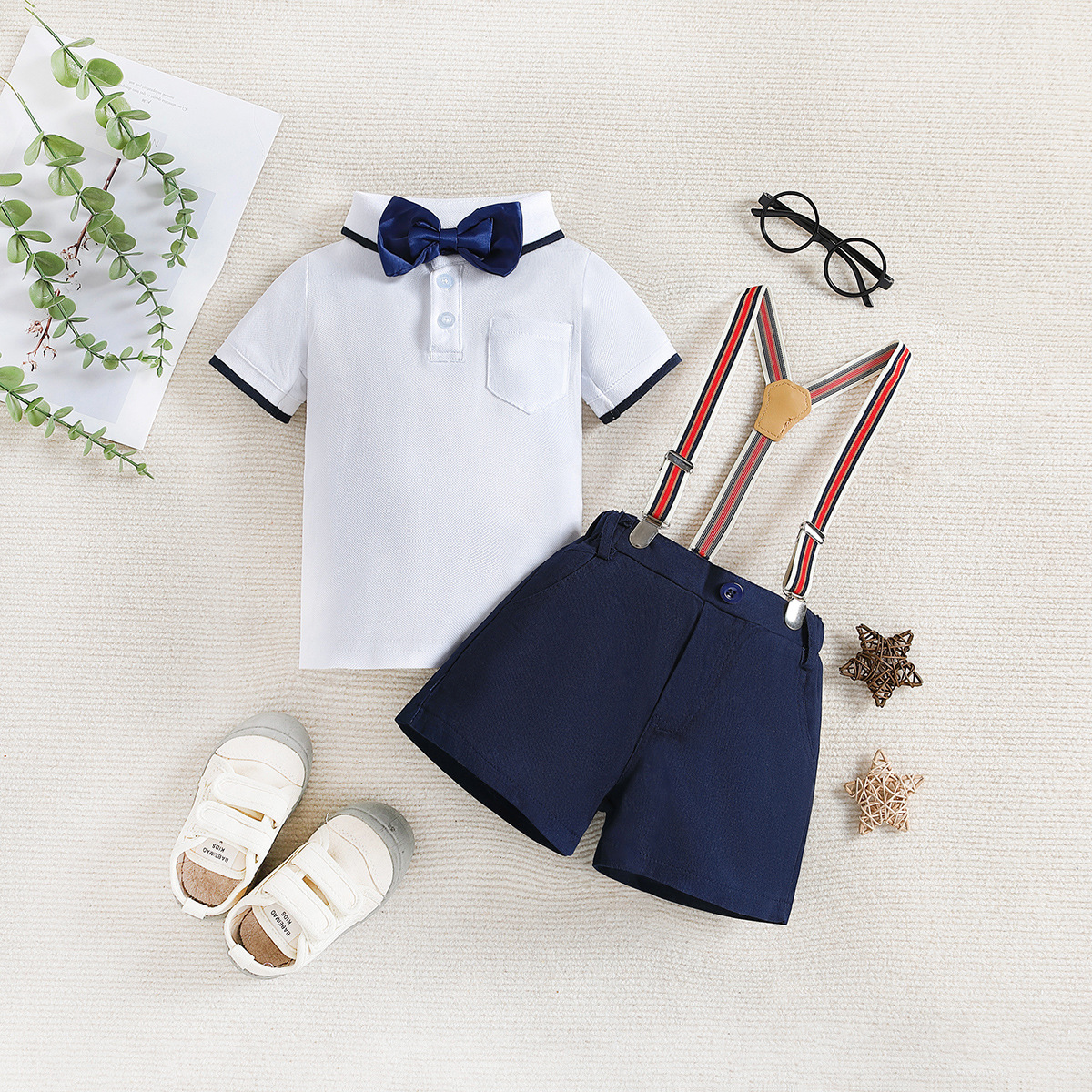 Children's Summer Clothing Polo Collar Top Suspender Shorts - Image 4