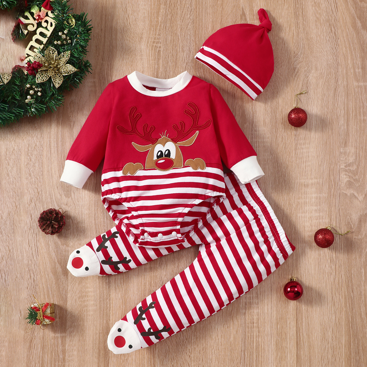 Kids Christmas Elk Striped Hat Set - Image 8