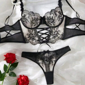 Mesh Exquisite Embroidered Flowers Cross Strap Underwear Suit Women
