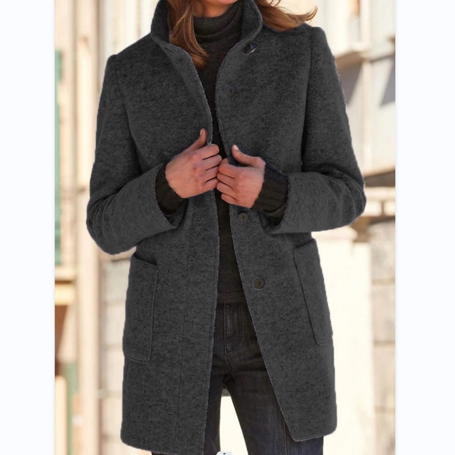 Fashion Stand Collar Woolen Coat With Pockets Fall Winter Casual Button Outwear For Women Clothing - Image 8