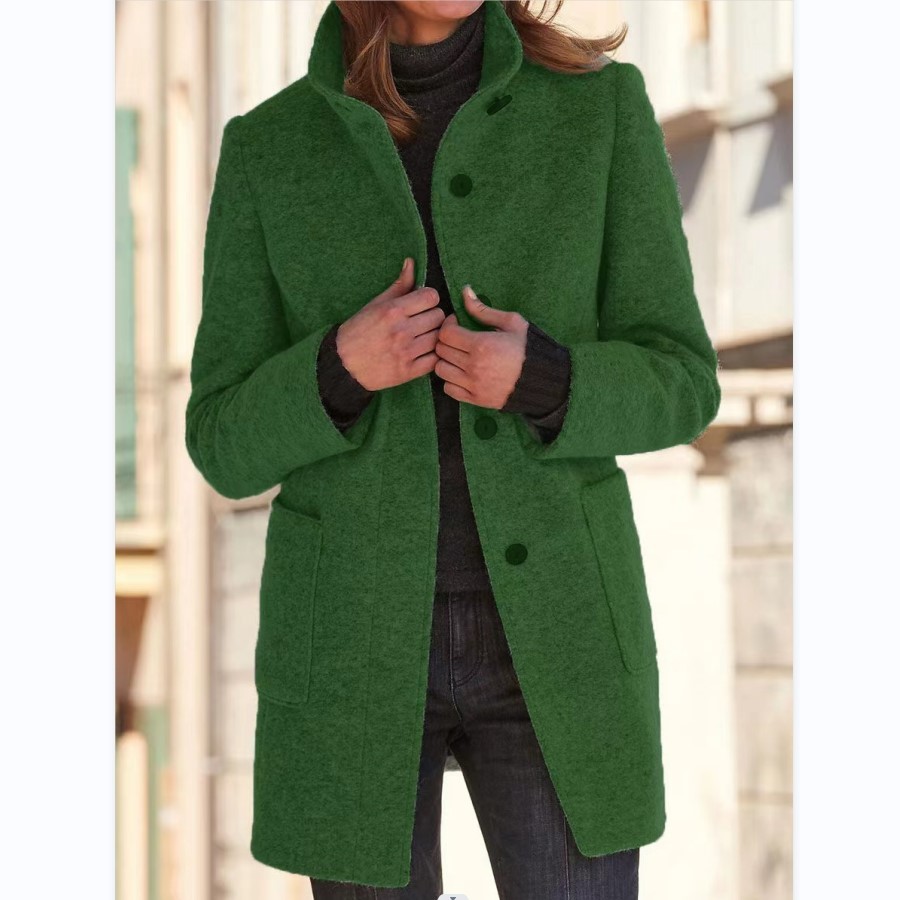 Fashion Stand Collar Woolen Coat With Pockets Fall Winter Casual Button Outwear For Women Clothing - Image 3