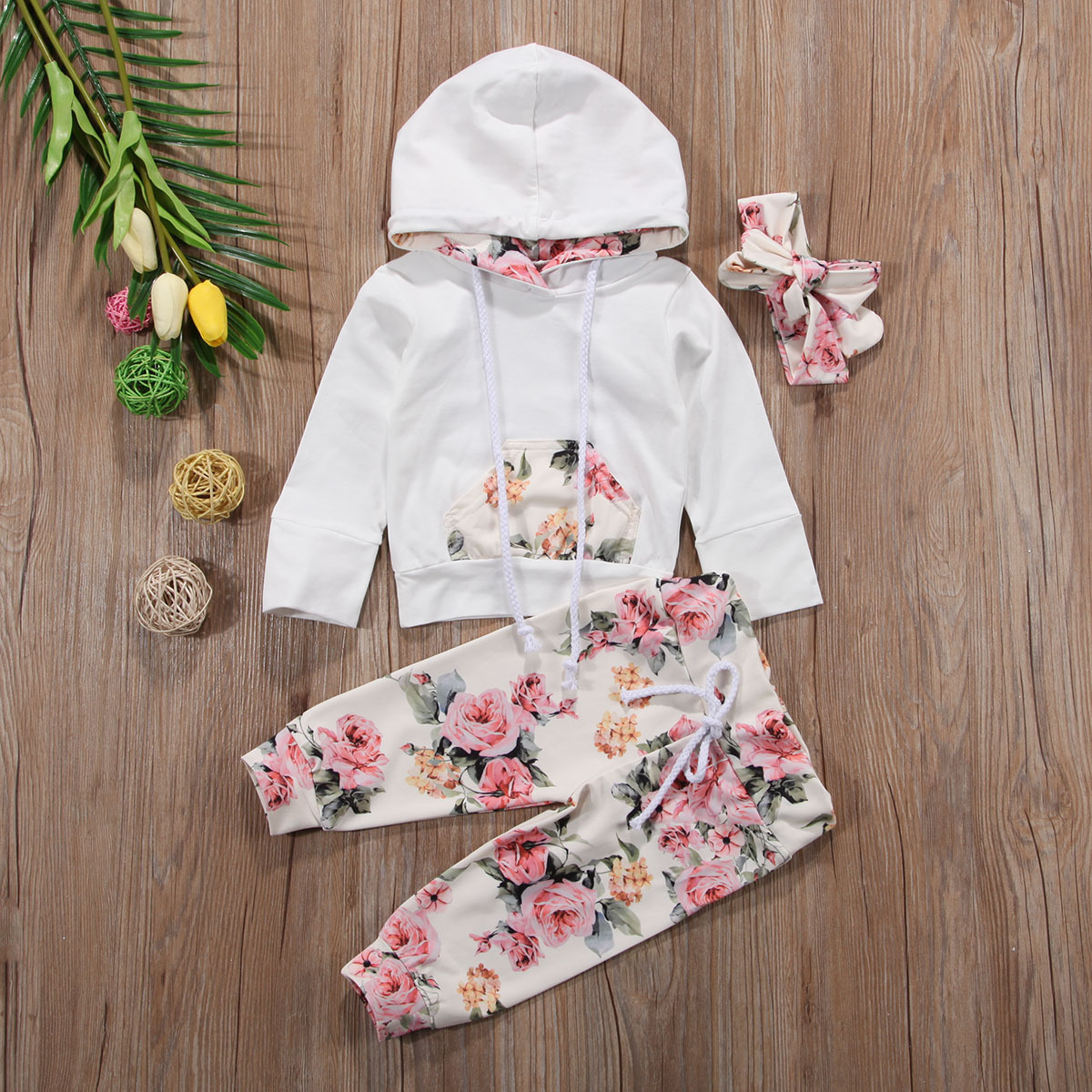 Girls' Set Baby Printed Hoodie Set Hair Band - Image 3
