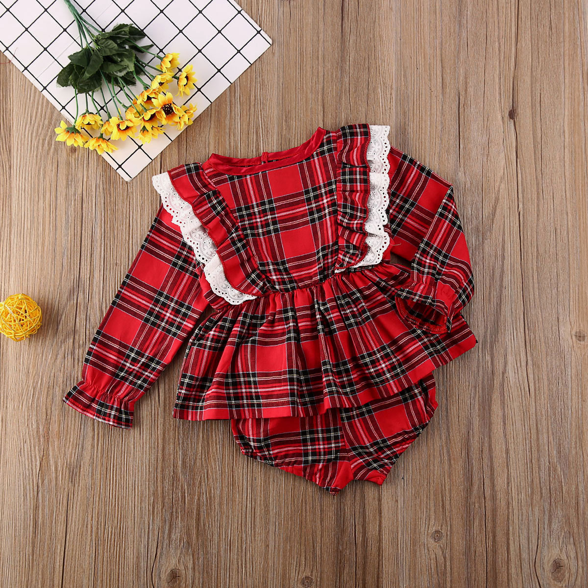 Cute Bow Girl Baby Lace Trim Red Plaid Small Suit - Image 2