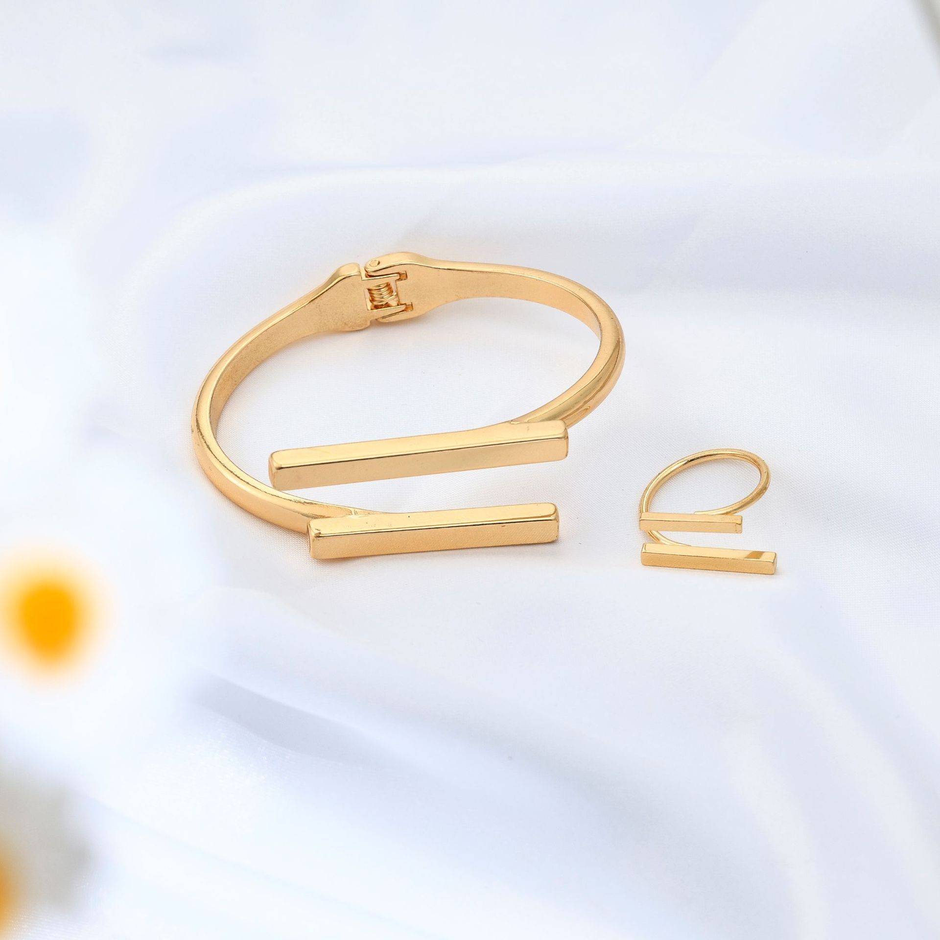 Metal Geometry Square Opening Adjustable Women's Bracelet Ring Jewelry Suit - Image 5