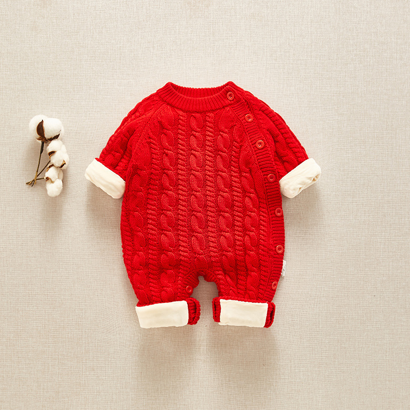 Newborn Baby Clothes Autumn And Winter Suit Plus Velvet One-piece Bottoming Shirt Tide - Image 3
