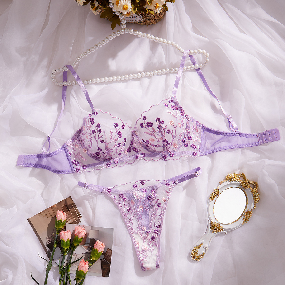 Bra Embroidery Floral Comfortable Soft Multi-color Underwear For Women - Image 2