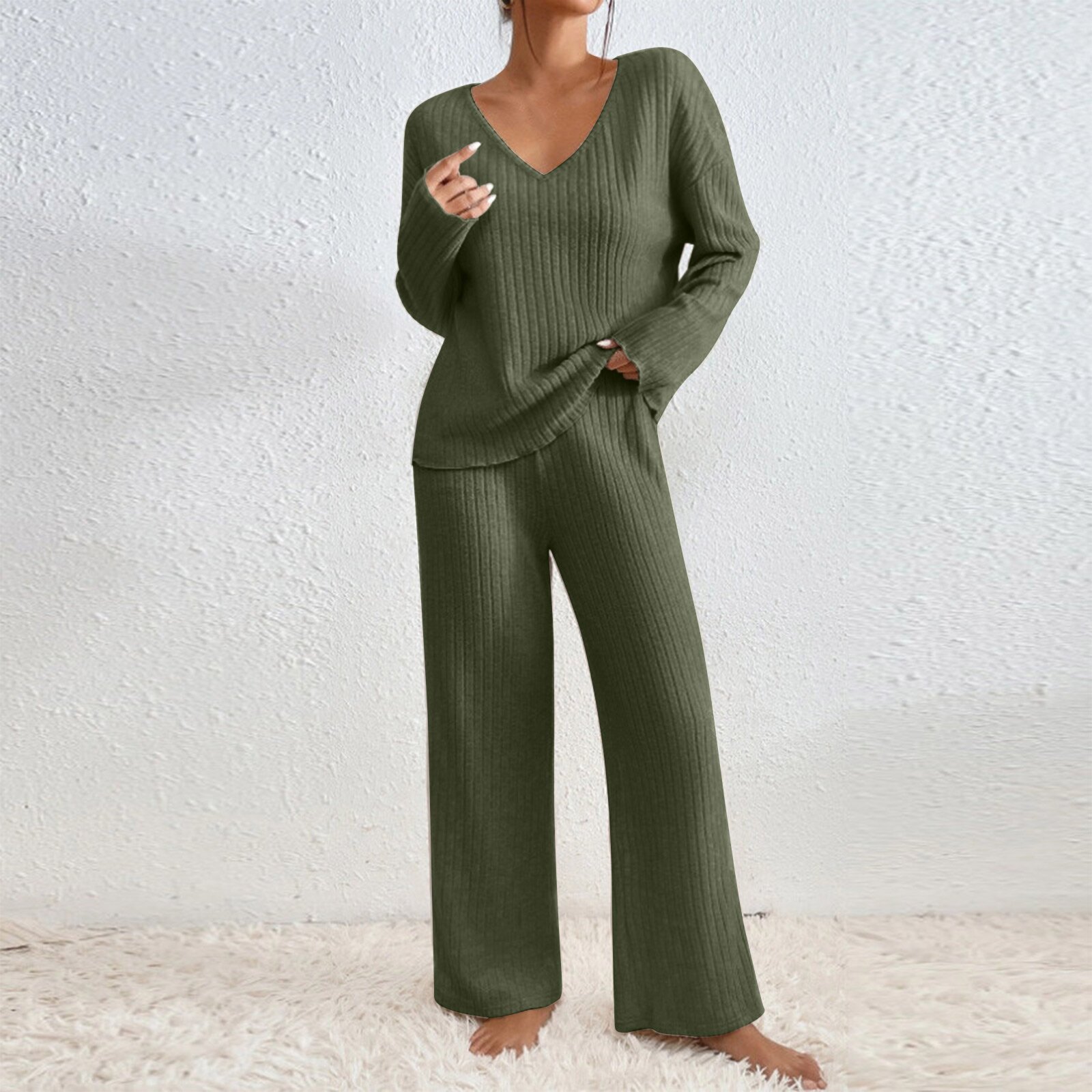 Long Sleeve V-neck Knitted Sunken Stripe Brushed Loose Leisure Suit - Image 8