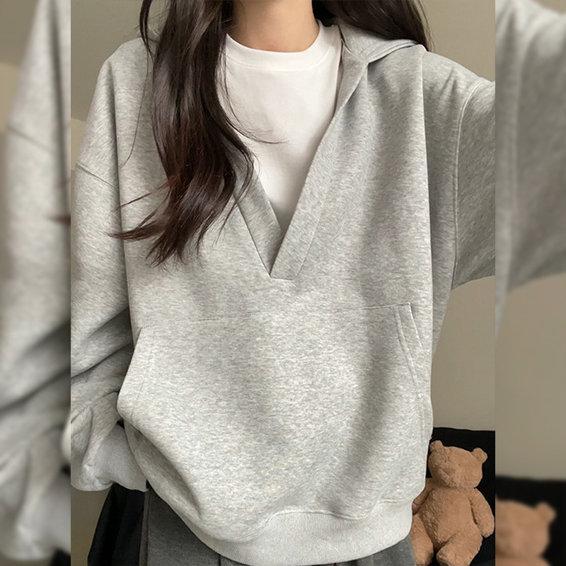 Gray Hooded Sweater For Women Fleece-lined Thick Loose Casual Sweatshirt - Image 9