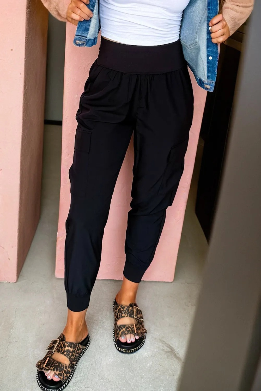 Black Elastic High Waist Pocketed Cargo Jogger Pants - Image 2