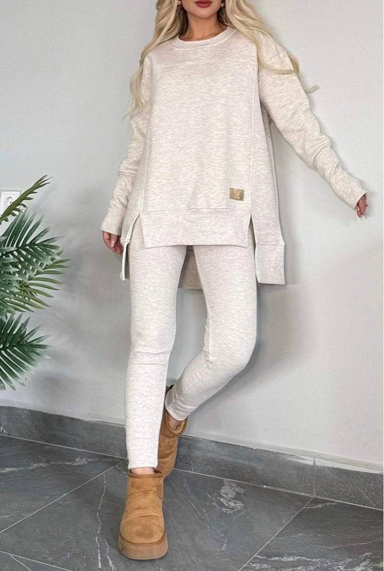 Women's Slit Long Sleeve Top And Trousers Suit - Image 2