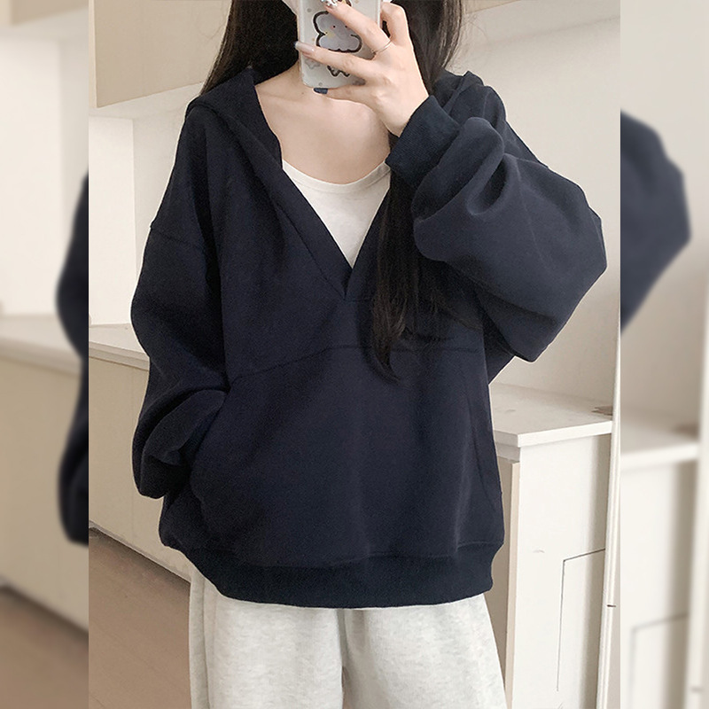 Gray Hooded Sweater For Women Fleece-lined Thick Loose Casual Sweatshirt - Image 3