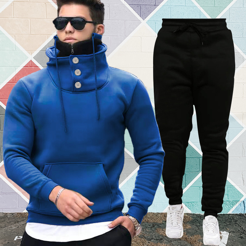 Hooded Pullover High Collar Double Collar Plush Casual Sports Sweater Suit For Men - Image 5