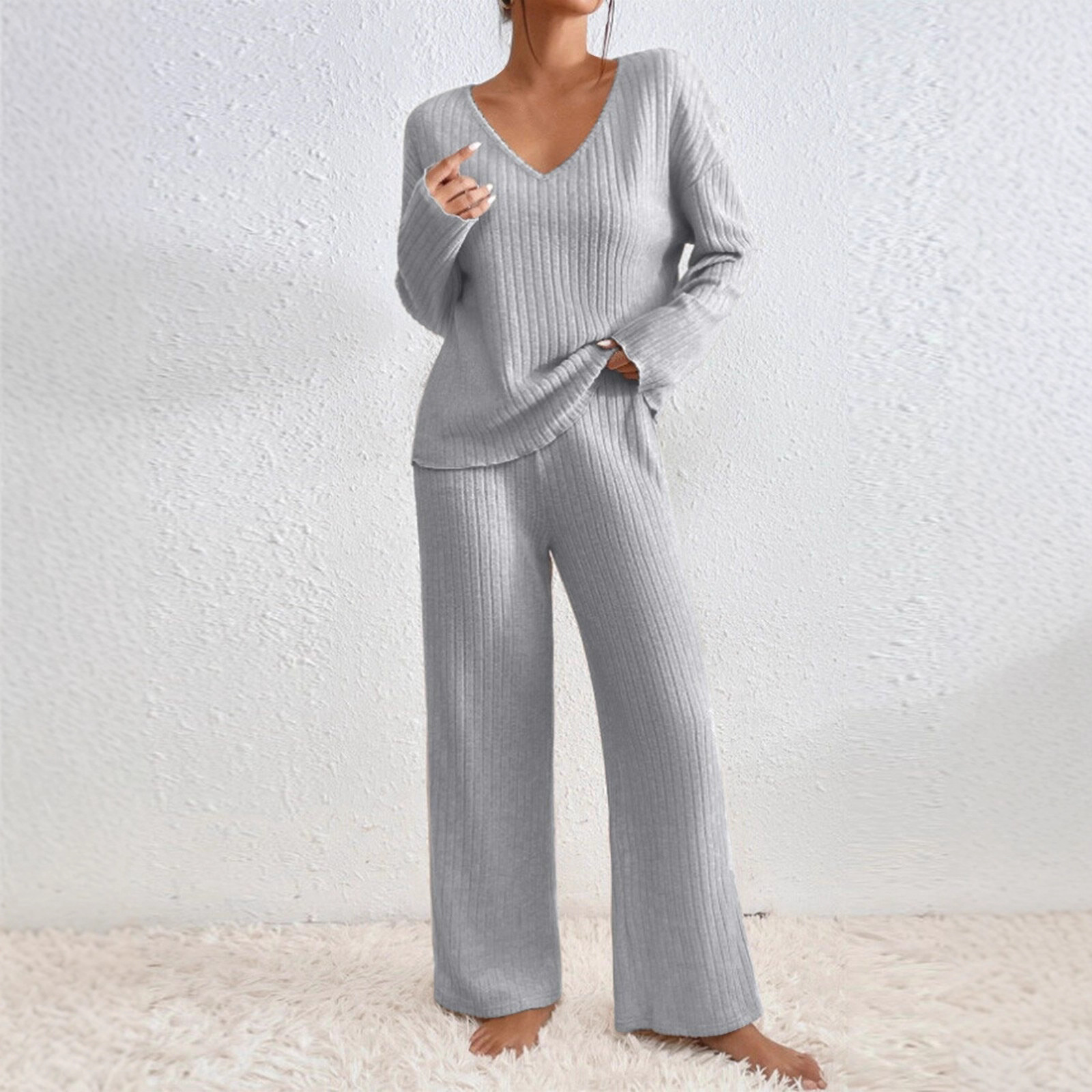 Long Sleeve V-neck Knitted Sunken Stripe Brushed Loose Leisure Suit - Image 3