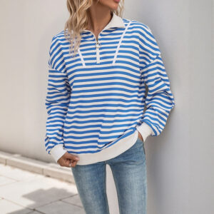 Autumn Long Sleeve Striped Loose T-shirt Casual Polo Collar Zipper Pullover Sweater For Women