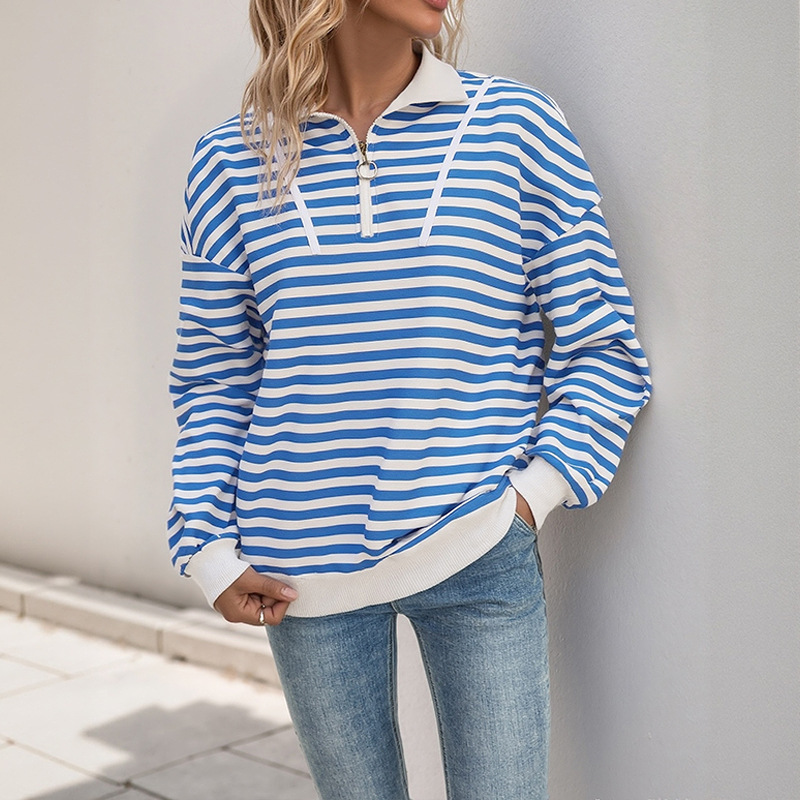 Autumn Long Sleeve Striped Loose T-shirt Casual Polo Collar Zipper Pullover Sweater For Women