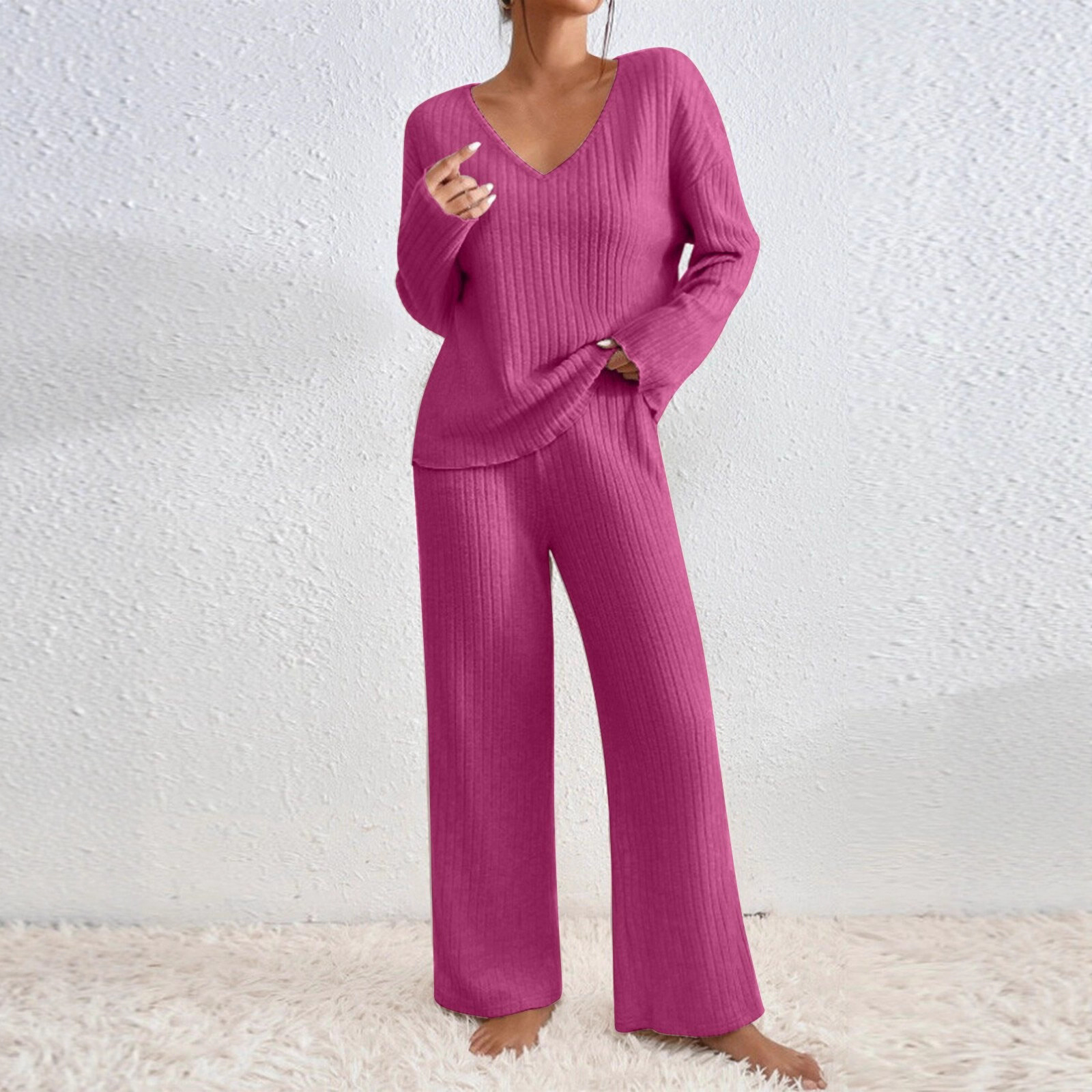 Long Sleeve V-neck Knitted Sunken Stripe Brushed Loose Leisure Suit - Image 7