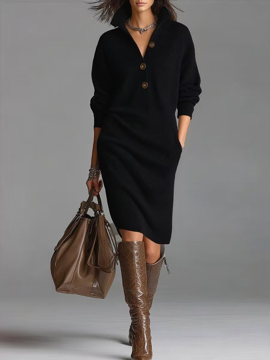 Long-sleeved Sweater Dress Fashion Warm Stand-up Collar V-neck Button Pullover Dresses Winter Casual Commuting Women's Clothing - Image 3