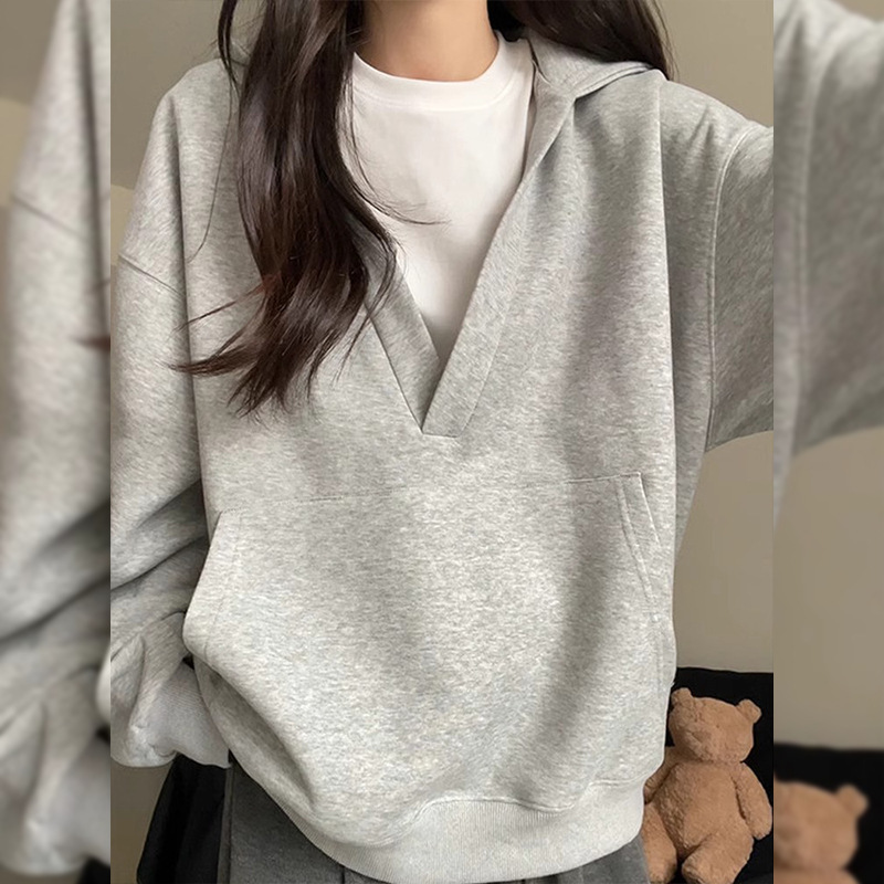 Gray Hooded Sweater For Women Fleece-lined Thick Loose Casual Sweatshirt