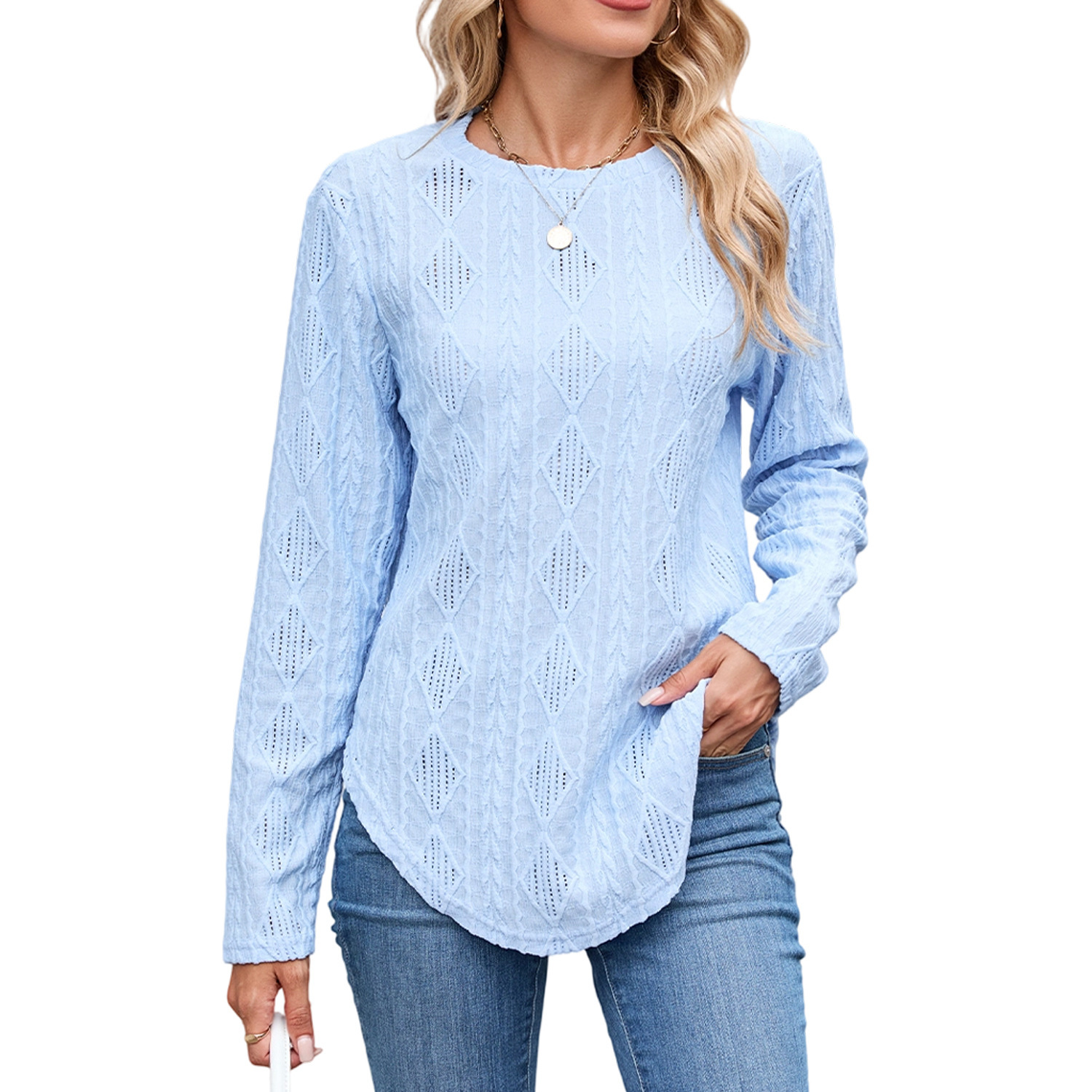 European And American Leisure Round Neck Long Sleeve Curved Hem T-shirt - Image 9