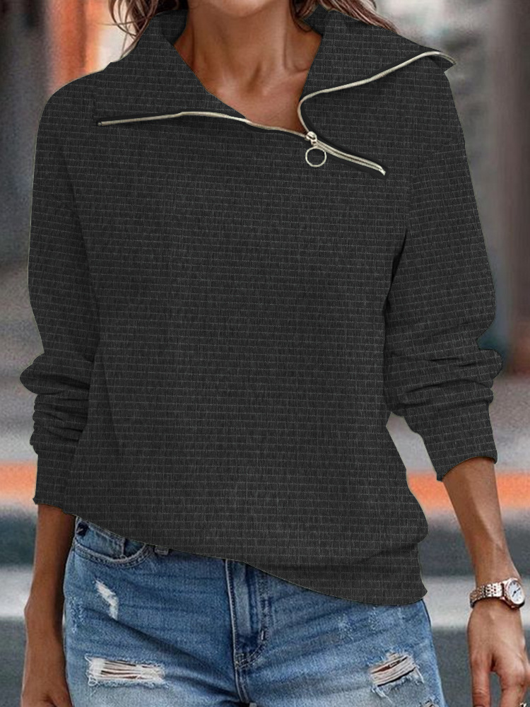 Women's Retro Casual Slant Collar Zipper Solid Color Sweatshirt - Image 3