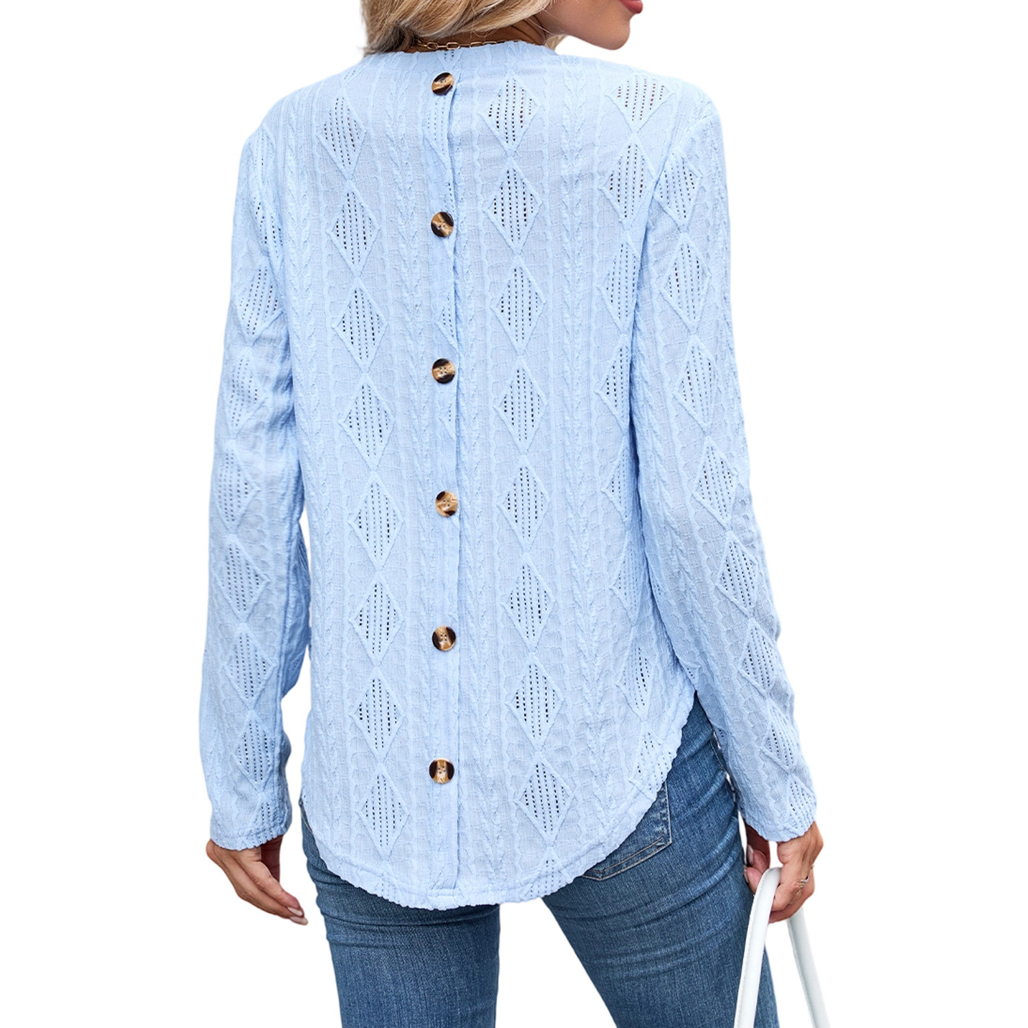 European And American Leisure Round Neck Long Sleeve Curved Hem T-shirt - Image 5