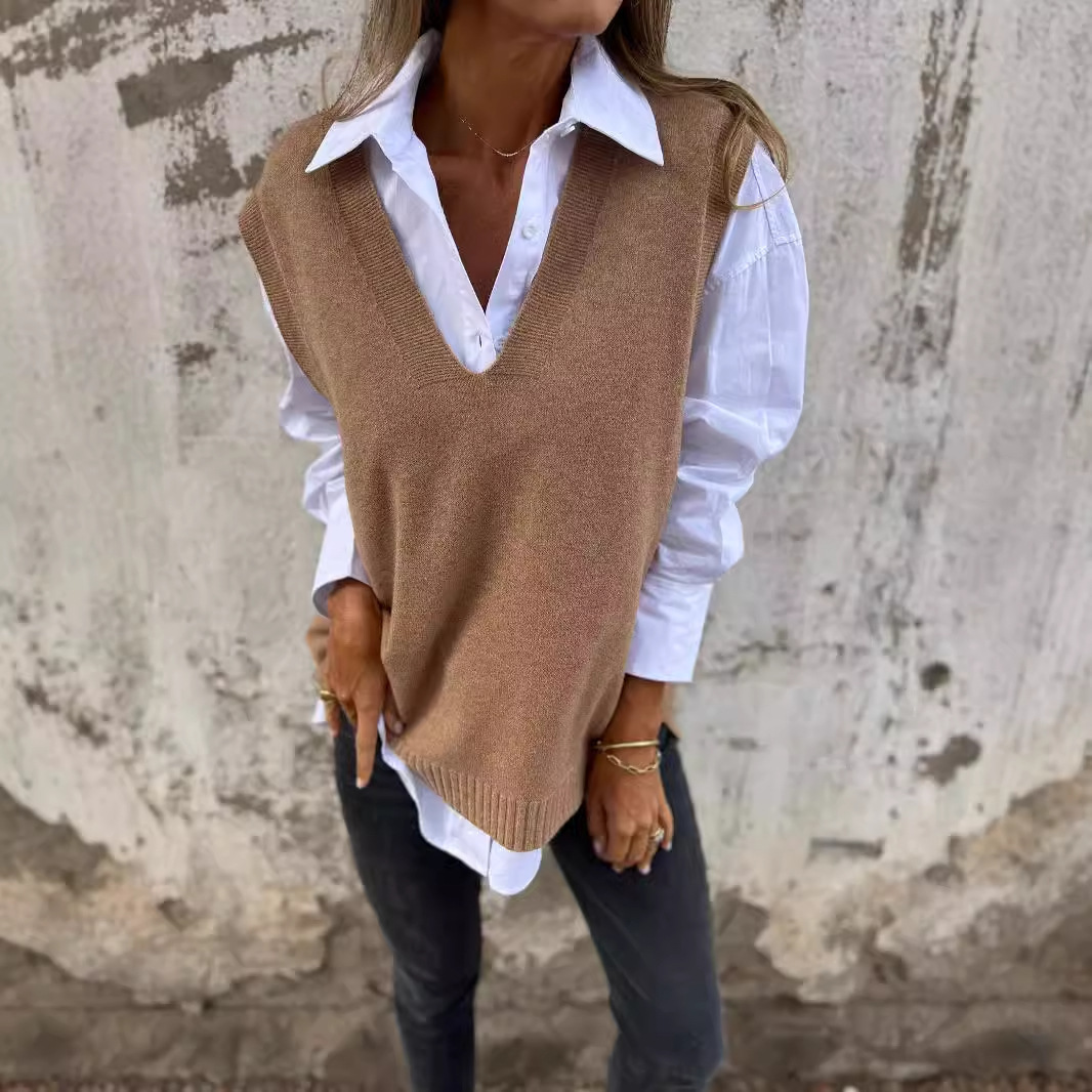 Women's V-neck Knitted Sweater Vest - Image 2